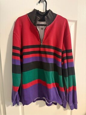GAP Men's Red Striped Half-Zip Sweater with Black, Purple & Green Bands